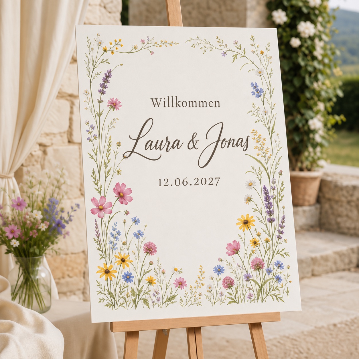 Wildblumen-Willkommensschild mit beispielhafter Personalisierung